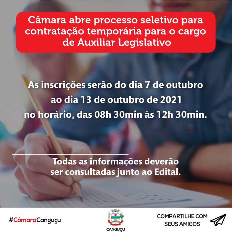 Câmara abre processo seletivo para contratação temporária para o cargo de auxiliar legislativo - Câmara de vereadores de Canguçu
